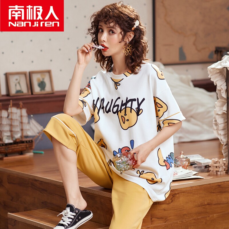 Antarctic pajamas women's summer pure cotton short-sleeved three-point pants two-piece suit Korean version of cute student thin section home clothes