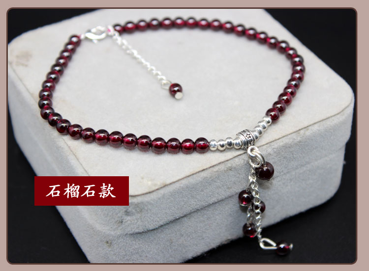 Tinh thể tự nhiên sợi dây màu đỏ vòng chân nữ sinh năm mã não đỏ garnet vòng chân 925 bạc chuông vòng chân nữ trang sức