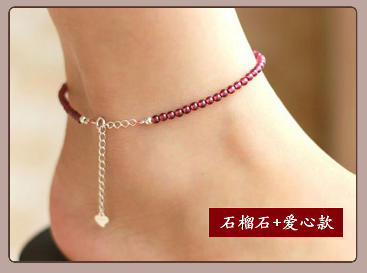 Tinh thể tự nhiên sợi dây màu đỏ vòng chân nữ sinh năm mã não đỏ garnet vòng chân 925 bạc chuông vòng chân nữ trang sức