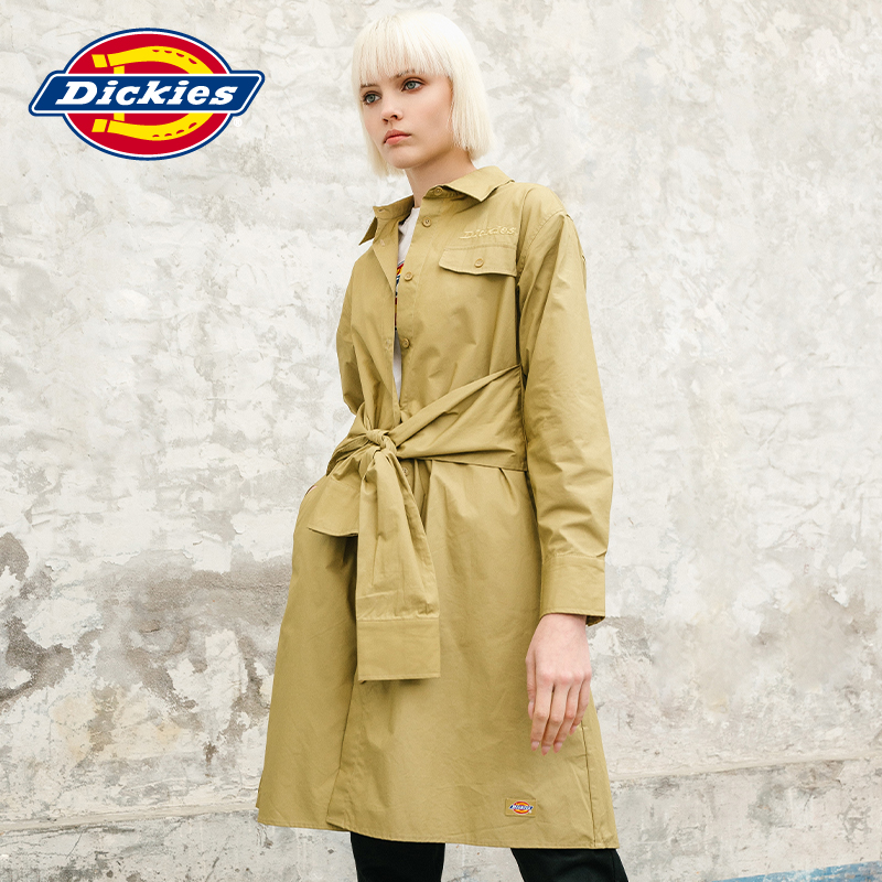 Dickieslog letter embroidery tie waist long sleeve dress Women's new shirt dress 8800