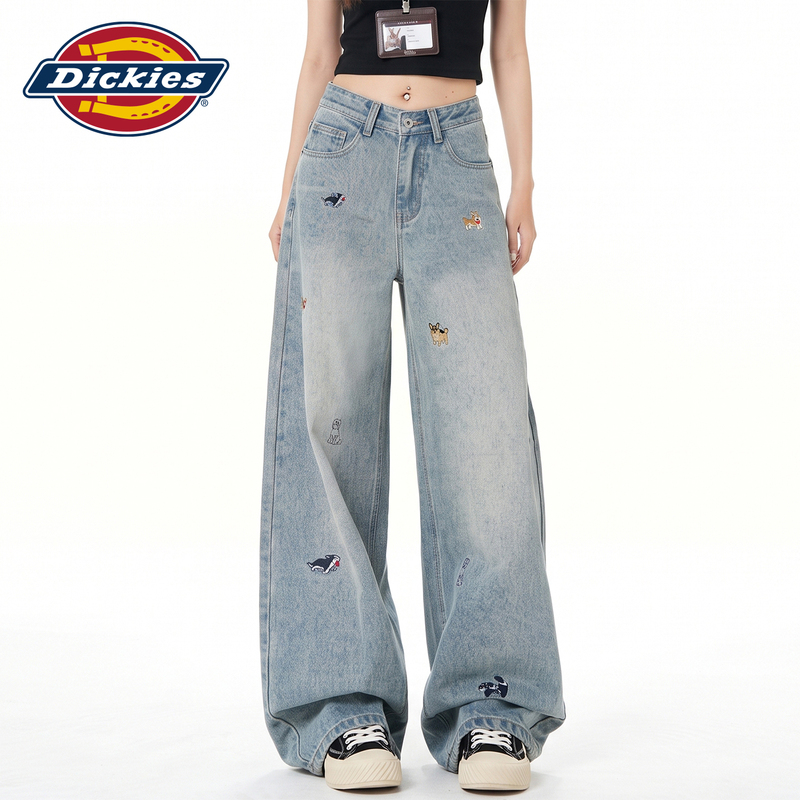 Dickies Retro Puppy Embroidered Wide-Leg Jeans for Women, New Design, Loose Straight Pants Y