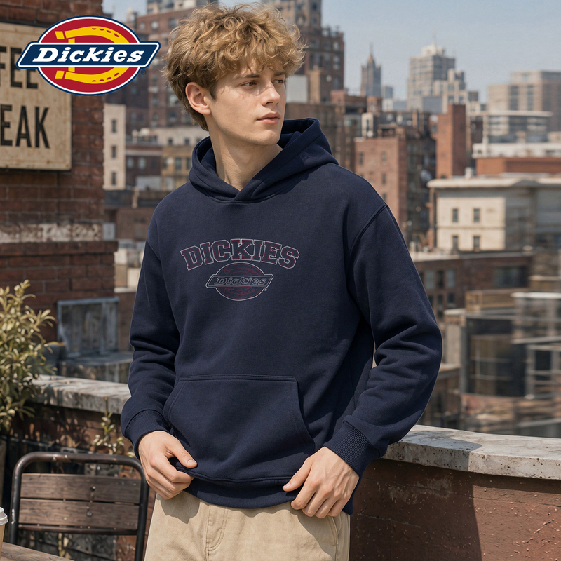 Dickies Stylish Printed Hooded Pullover Sweatshirt for Men, Autumn and Winter Loose Kangaroo Pocket Top Y