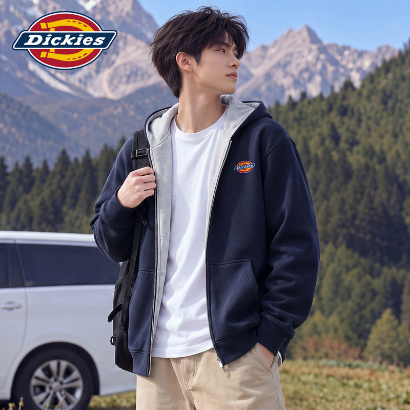 Dickies Classic Small Logo Double Zipper Pocket Cardigan Men's Autumn Long-Sleeve Hooded Casual Sweatshirt Y