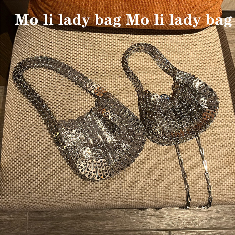 Retro This Year's ins Most Popular Silver Shiny Metallic Bag, Blogger Mone's Same Style Shoulder Crossbody Bag, Handbag