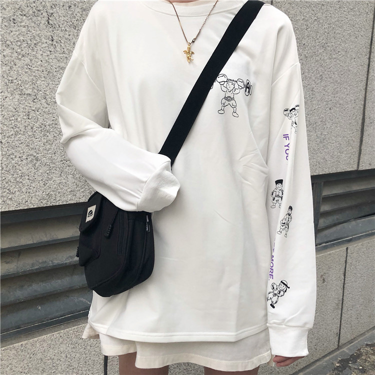 There is an ideal national tide boxing champion white long-sleeved T-shirt female tide brand oversize sketch couple outfit male PUNIAMA