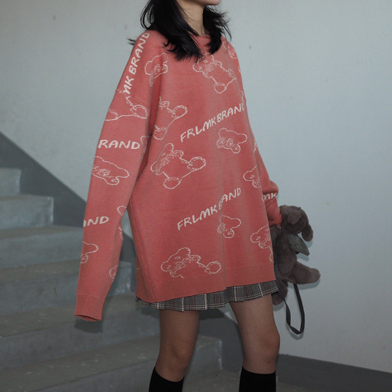 Ideal national tide casual hip-hop bear sweater female Tide brand loose couple Street winter long sleeve male FRLMk