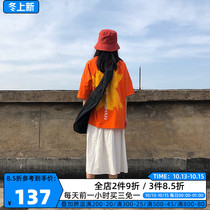 PCMY joint name SSUR summer paint printing men and women hip hop loose INS Super fire round neck couple orange short sleeve t