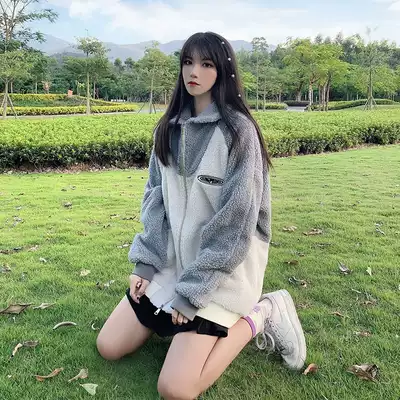 There is an ideal national trend contrast stitching lamb wool jacket zipper pocket autumn and winter lamb wool jacket couple izxz