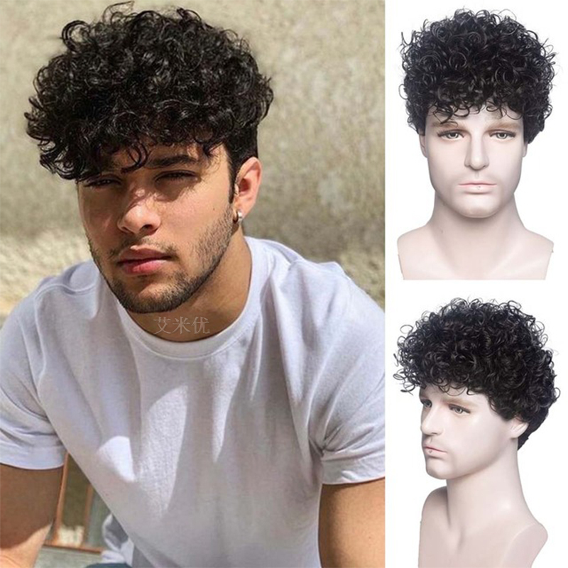 Men's Wig, Wool Curls, Fluffy, Seamless Style, Short Hair, European and American Wig, Tree-Shaped Latin American Curls, Full Head Cover, Young