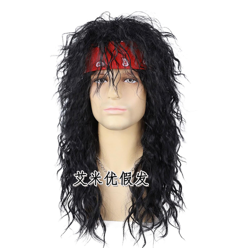 Black Long Curly Men's Wig for Performance, Halloween Stage Rock Wig with Headband, Full Wig for Daily Use