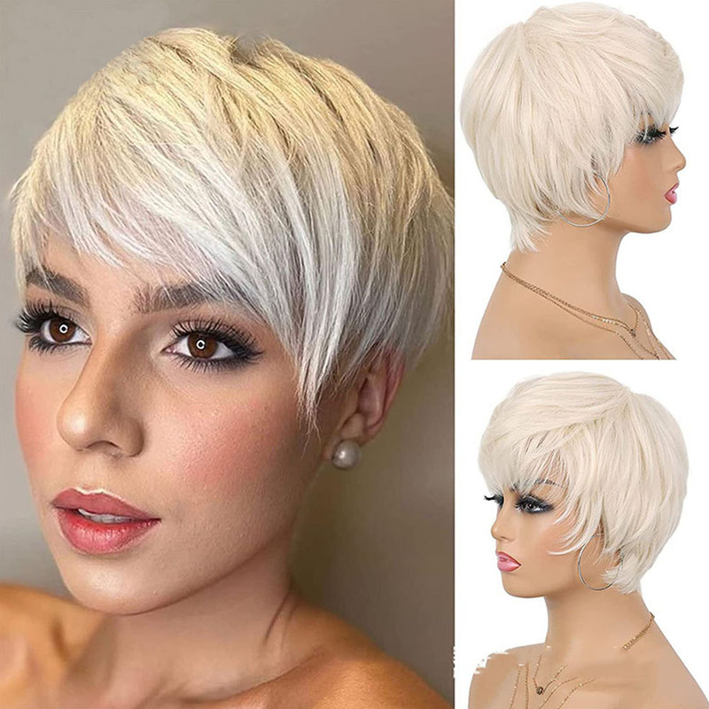 Short Straight Platinum Blonde Women's Stylish and Unique Wig with Bangs, Bob Short Style, Age-Reducing Realistic Hairpiece