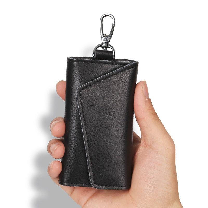 Leather remote control electric car leather key bag unisex leather key chain multi-function card holder black