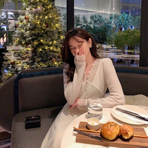 Yang small roll French temperament V-neck knitted lace stitching dress women autumn and winter underlay with apricot dress