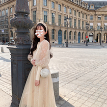 Yang small roll lantern sleeve mesh stitching knit shirt top Super fairy medium long skirt set two-piece female spring