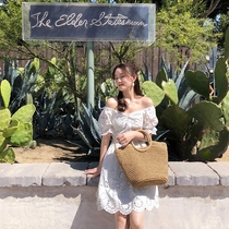 Yang Xiaolu 2021 spring cotton hollow embroidered lace dress V-neck slim slim body shoulder two short skirt women