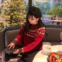 Yang Xiaolu Christmas limited handmade crochet red retro round neck loose lazy wind New year sweater female winter
