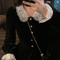 Yang Xiaolu French retro temperament celebrity Hepburn doll collar long black velvet dress autumn and winter