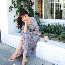 Yang small roll 2021 spring new vintage elegant v collar fog blue totem slim print dress Medium-length dress women