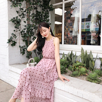 Yang small roll 2021 spring French retro temperament celebrities ruffle slim neck wave point chiffon dress