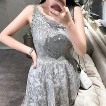 Yang small roll romantic fresh girl temperament cute deer high waist stitching lace dress 2021 Spring New