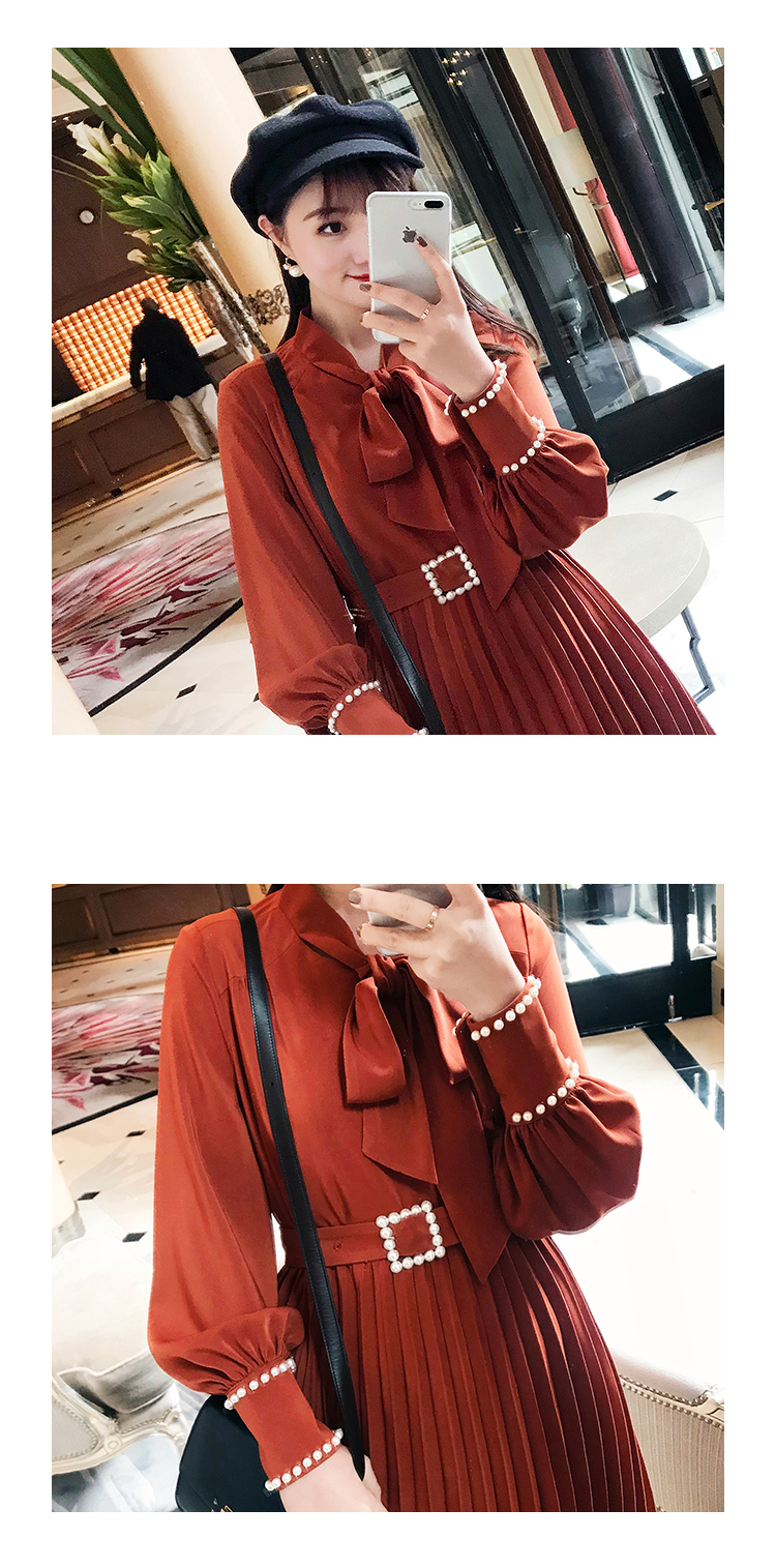 NatureQ mùa đông mới retro khí rắn màu ngọc trai khóa bow cổ áo xếp li slim dài tay áo đầm váy ôm body