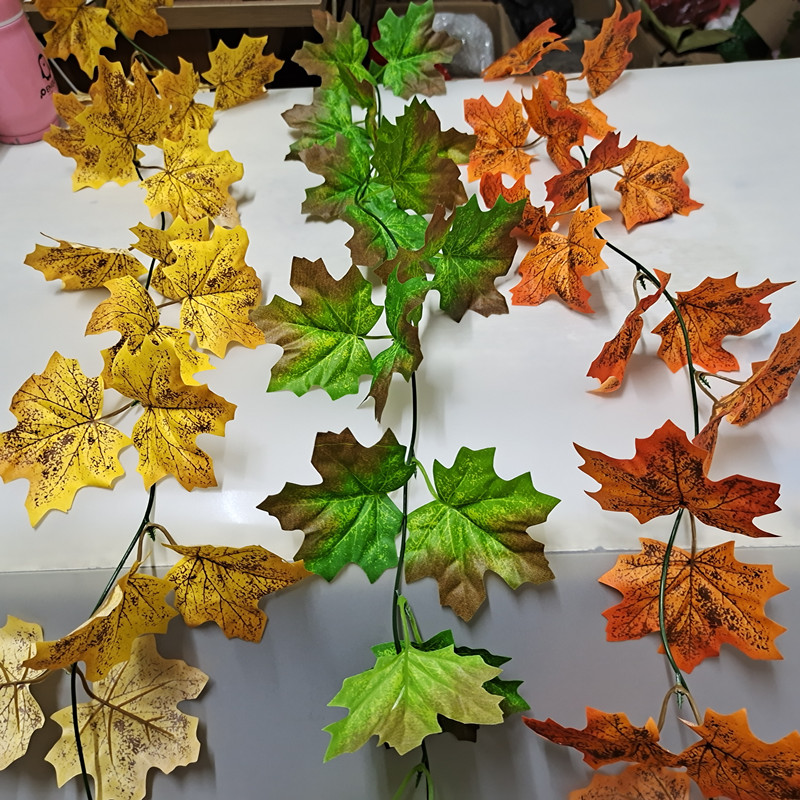 Simulation red maple leaf flower rattan project decoration fake tree leaf window ginkgo leaf autumn long pole branch green autumn color