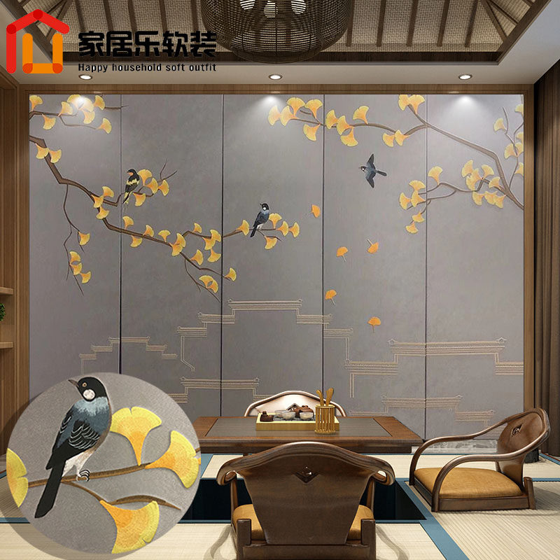 Custom embroidery hard bag background wall fabric silk embroidery new Chinese embroidery background wall three-dimensional bedside sofa light