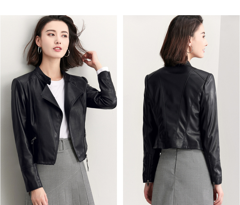 Shangdu Bila 2019 xuân mới đẹp trai màu da rắn thời trang ve áo dây kéo kim loại dài tay áo ngắn áo khoác da dáng dài
