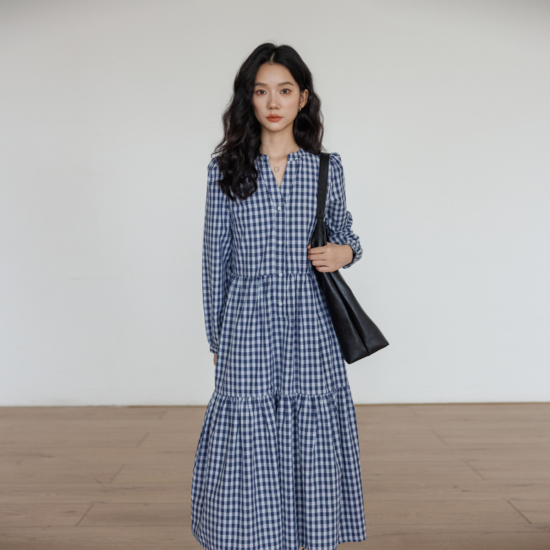 Vastand Weishang Autumn High-End Blue Plaid Dress Women's 2026 New Style French Long Dress