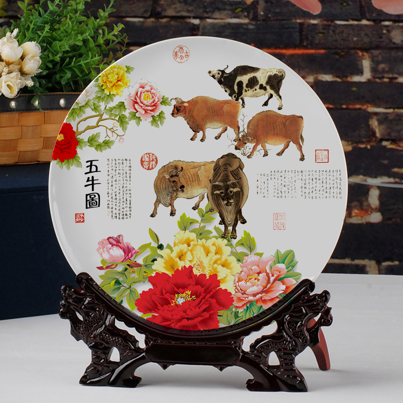 Housewarming creative gifts auspicious peony five bulls figure living room home decoration hanging ceramic plate craft decoration