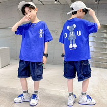 Boy suit Summer children Two sets 2022 new CUHK Scout T sleeves Head Jeans Cartoon Little Bear