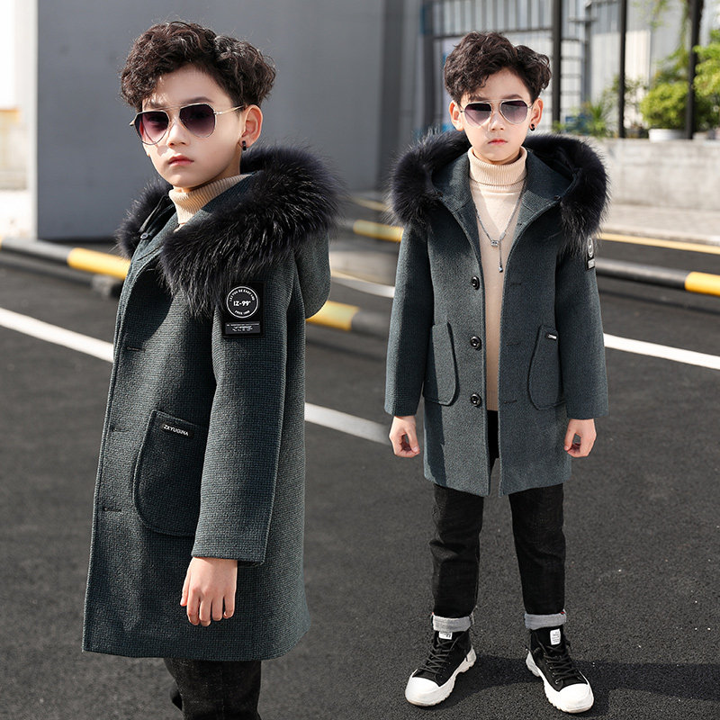 Boys' woolen coat 2021 new winter clothes foreign style children's middle-aged children's woolen coat thickened medium-length version Korean version of the tide