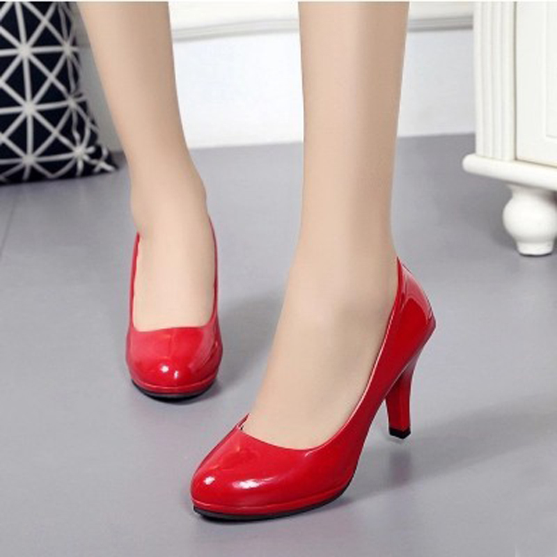 Formal Women's Shoes for Work, Business, Low Heel, Medium Heel, High Heel, Leather Shoes, Round Toe, Small Block Heel, Wedding Shoes, Bright Red