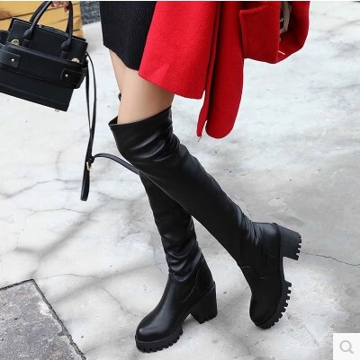 New Over-The-Knee Black Autumn and Winter Women's Boots with Medium-High Chunky Heels, Pu Leather, Suede, Fleece-Lined, and Cotton-Padded Long Boots