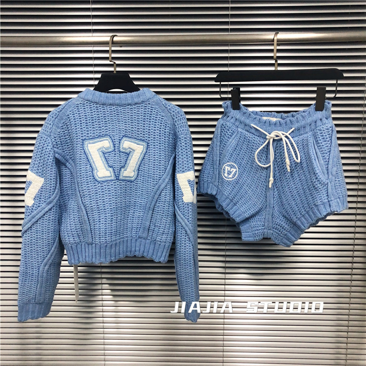 Ready to Ship! Embroidered Number 7 Fairy Jacket Baseball Uniform Short Coat + Sports Casual Shorts Sweater Set