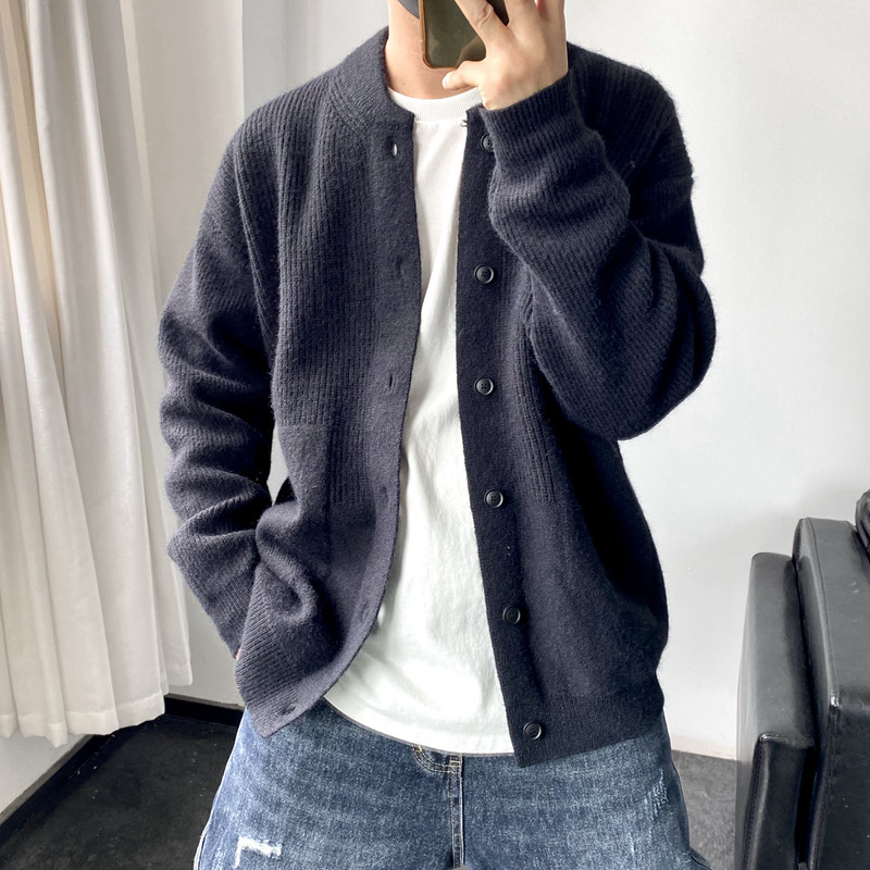 Thick knit sweater padded cardigan men's fall/winter coat Hong Kong casual loose jacket simple light cooked top