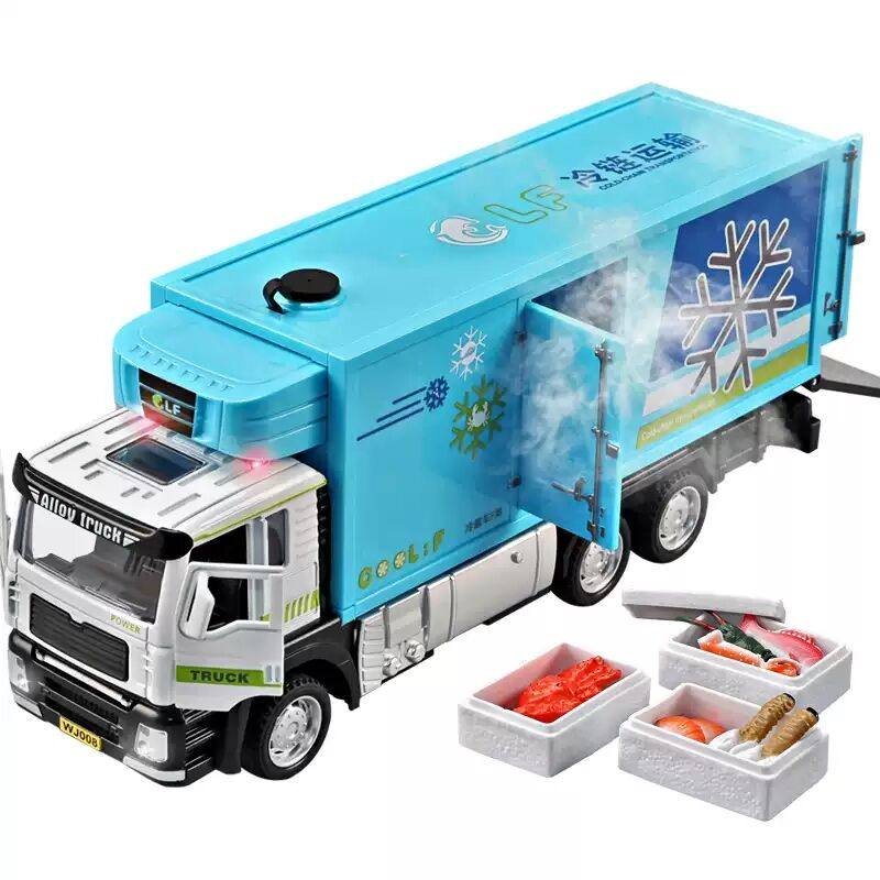 Alloy Container Refrigerated Car Model Large Sprayable Artificial Seafood Transport Truck Kidsren's Toy Boy Gift