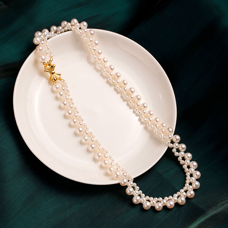 (Hicsani) Hand Woven Pearls Necklace Natural Freshwater Pearl Necklace Retro Sweet Choker