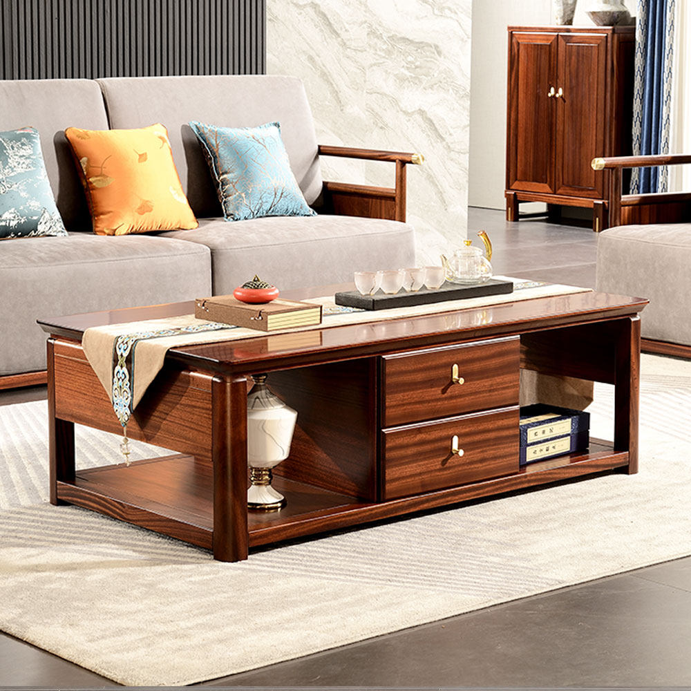 Modern minimal all-solid wood tea few walnut tea couple double layers with drawer storage Kung fu tea table tea table living room