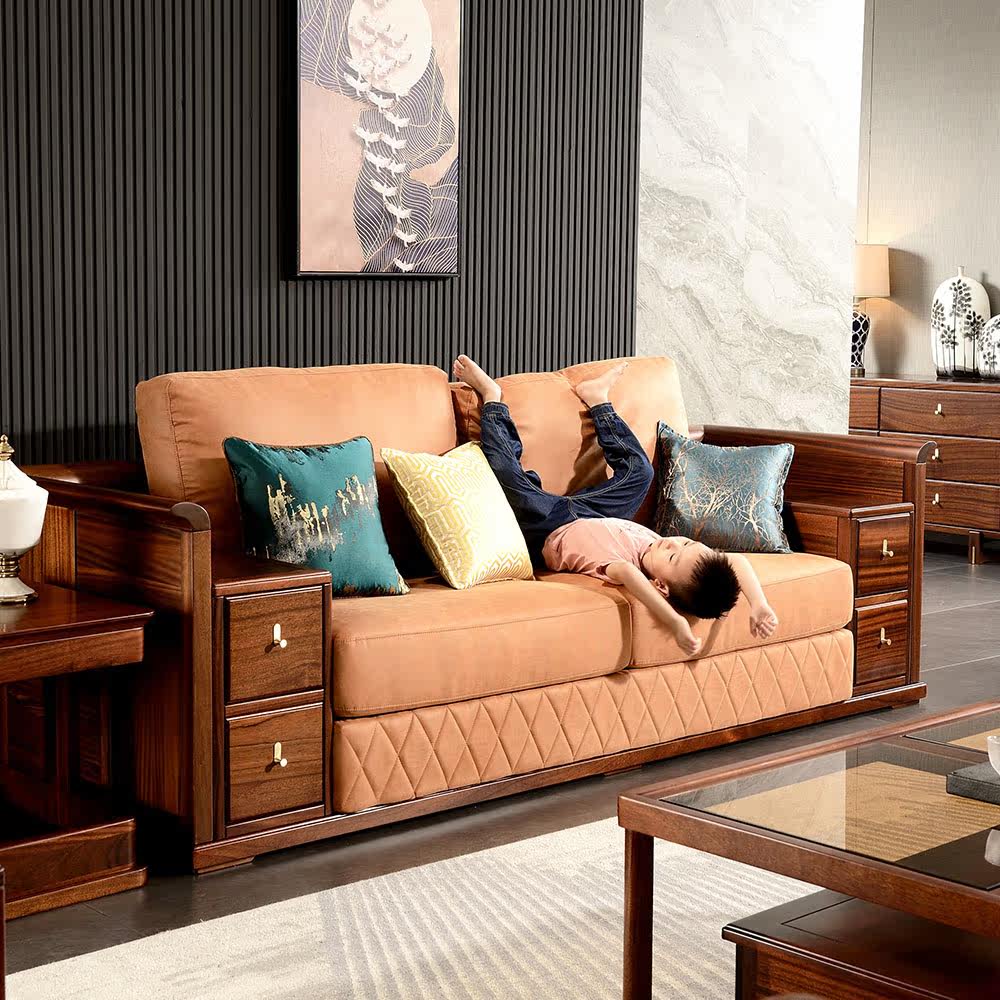 Wooden wax oil German walnut sofa triple solid wood sofa combined wooden cloth large-room living room furniture