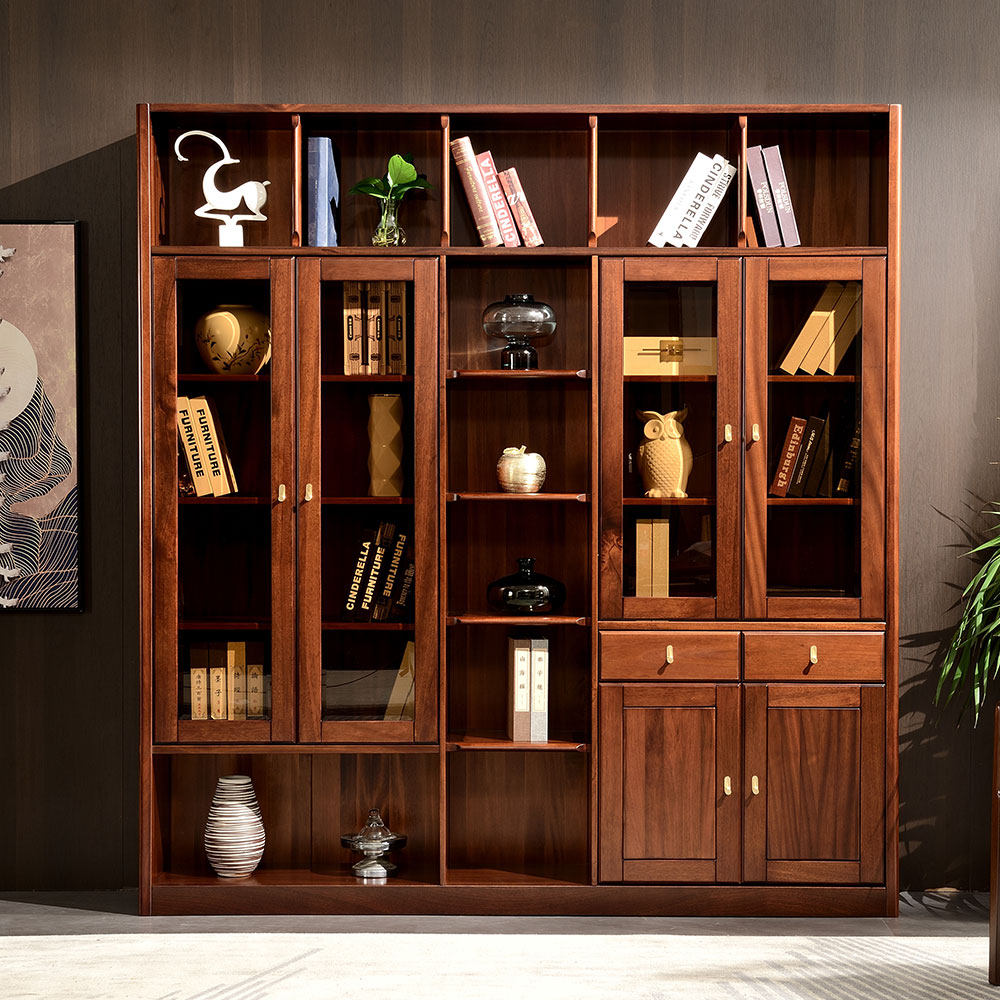 Home solid wood bookcase combination to house walnut wood five large bookcase with glass door modern minimal library storage