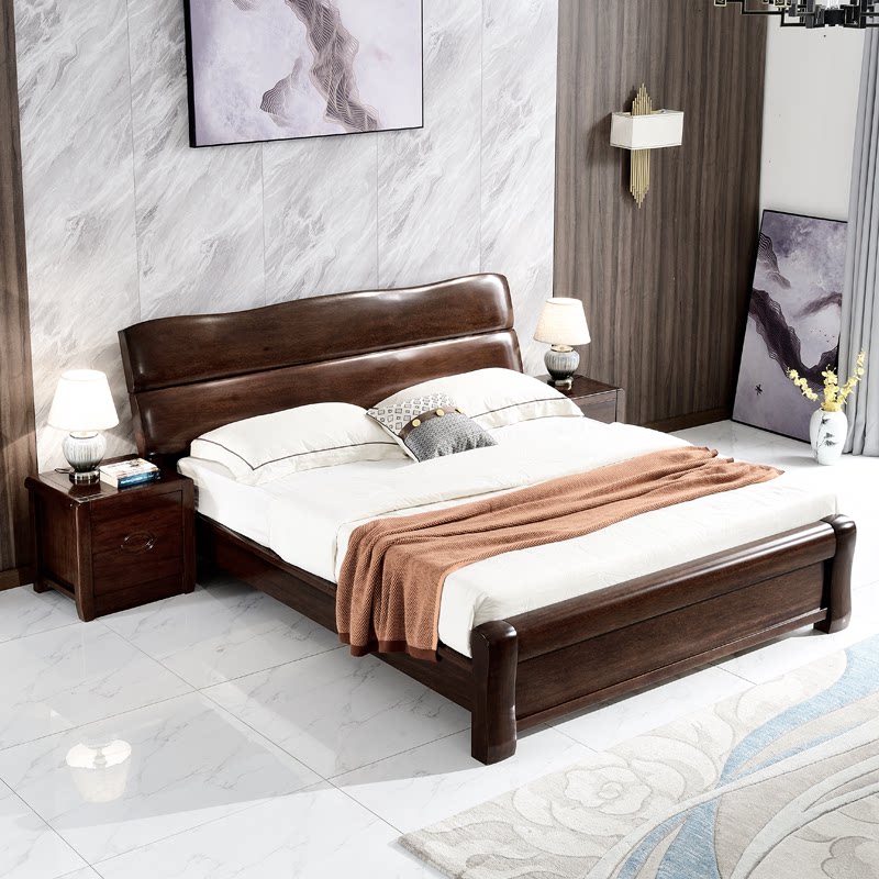 Solid wood bed 1 8 meters North American walnut bed 1 5 meters modern minimalist new Chinese style bed wedding bed high box bedroom furniture