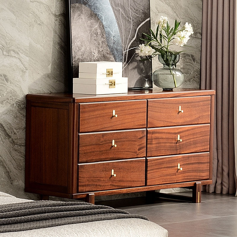 All solid wood six-drawer chest modern Chinese storage drawer cabinet walnut wood home bedroom furniture storage cabinet five-drawer chest