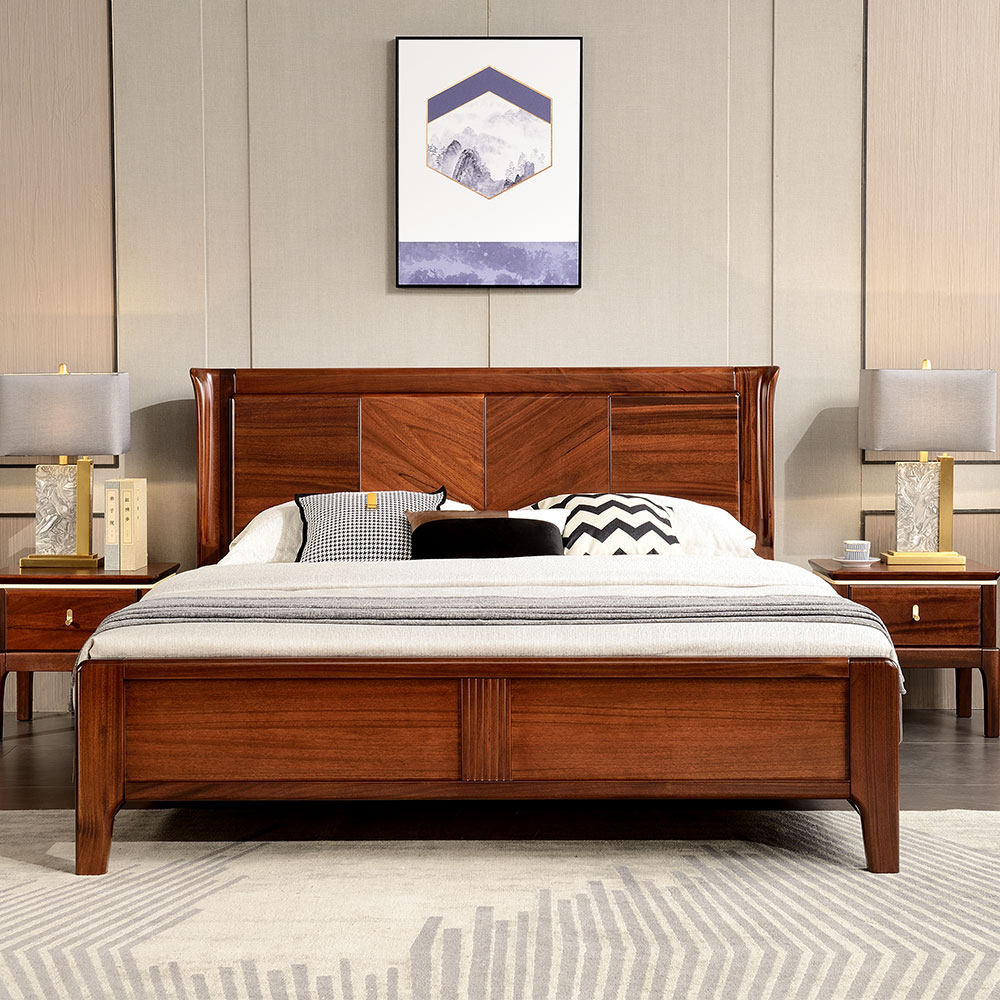 Solid wood bed 1 8 m double household minimal log master bedwedding bed walnut furniture modern Chinese wooden wax oil