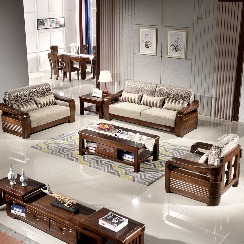 All solid wood sofa combination fabric modern new Chinese style living room all walnut wood furniture set 12 three people leather