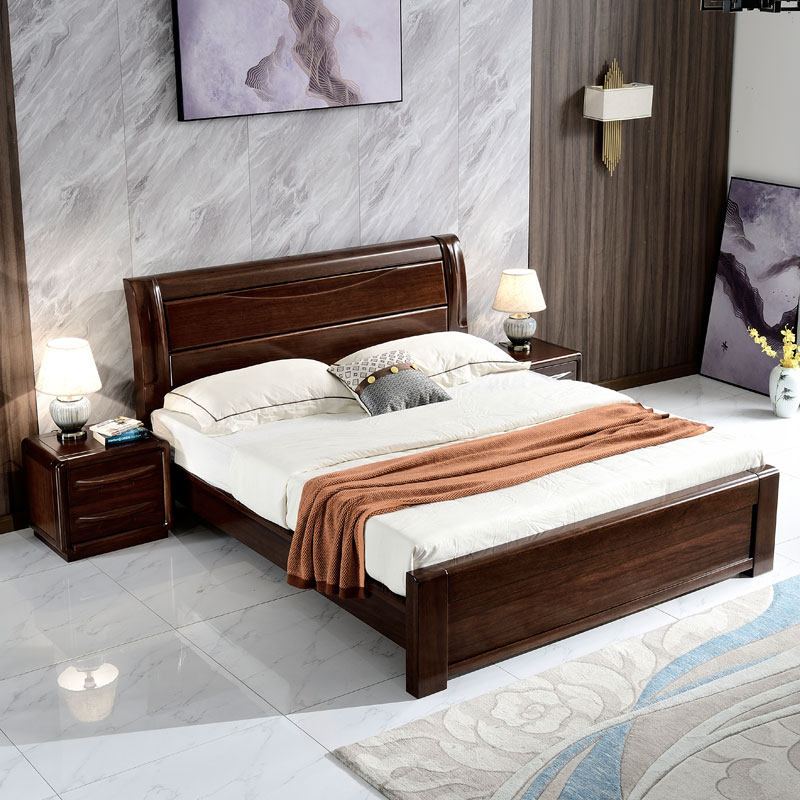 Walnut Chinese solid wood bed 1 8m double bed master bedroom 1 5 m large bed air pressure storage wedding bedroom furniture