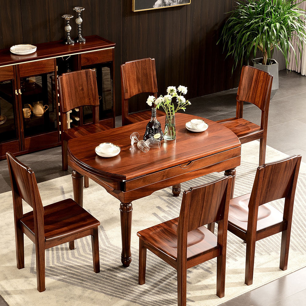 All-solid wooden table and chair combined modern Chinese folding and stretching dual-use round eating table small household walnut wood