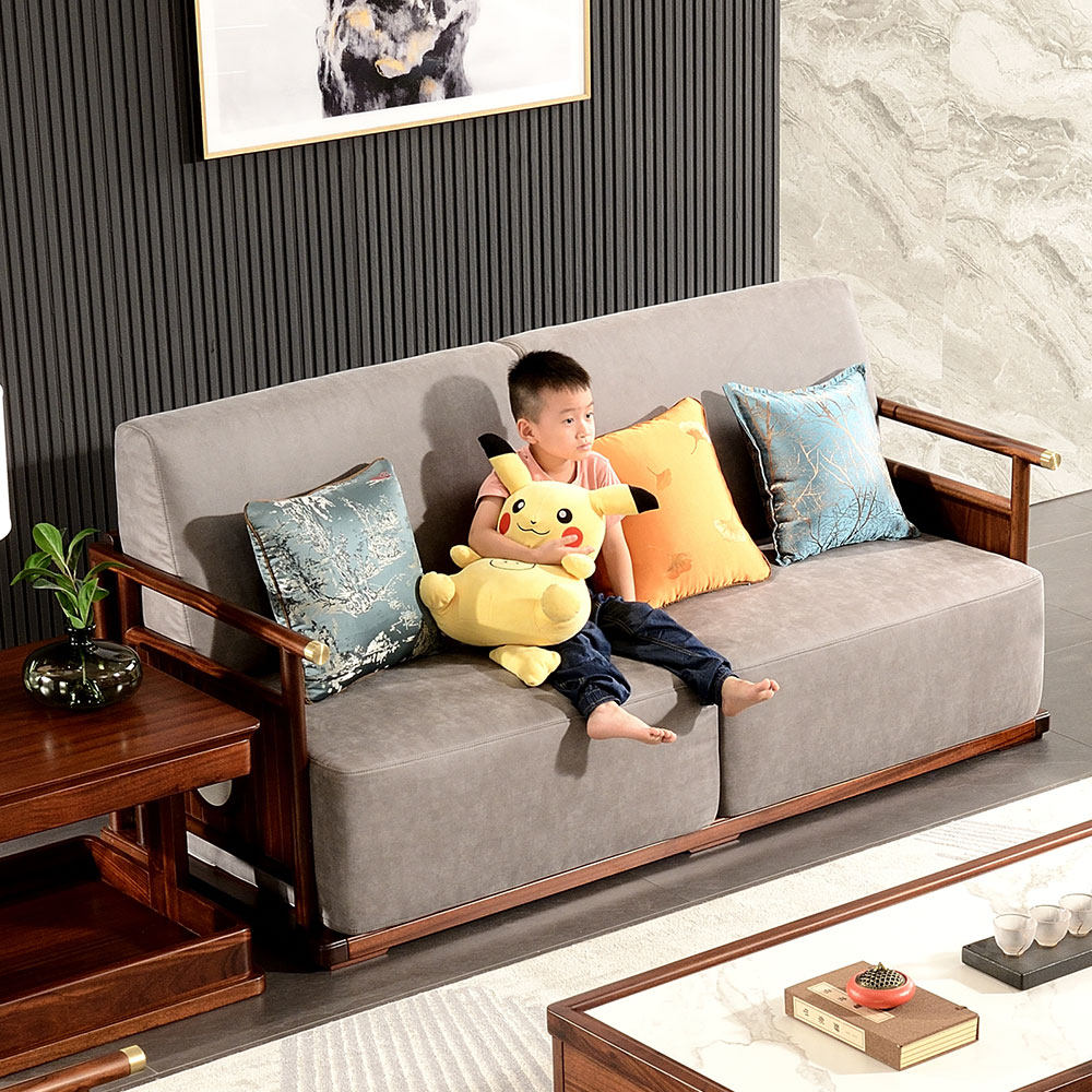 New Chinese solid wood sofa simple modern walnut wood cloth 123 combination log can be furnished leather living room furniture