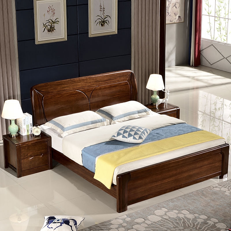 Modern 1 5 m solid wood bed 1 8 m double bed Chinese master walnut furniture high - box storage suite