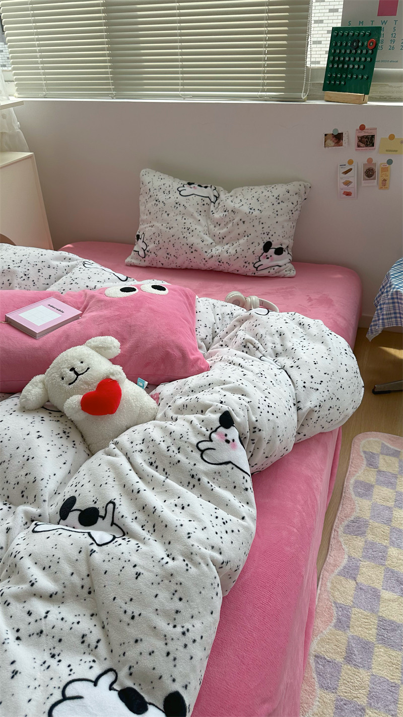 Pear Dreams Milk Sweet Puppy Autumn Winter Milk Suede Four Pieces of Thickened Warm Bed Quilt Cover Coral Fleece Beds Bedding-Taobao